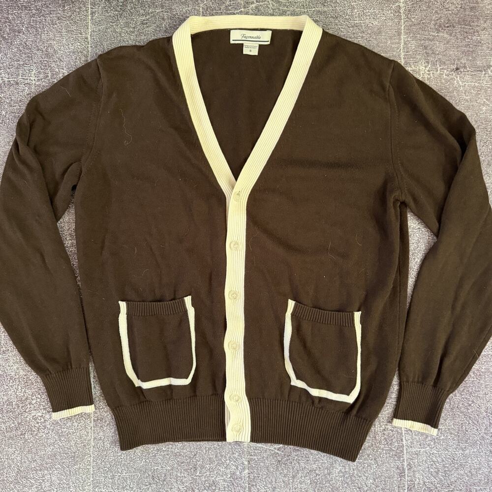 Men's Faconnable Cashmere Cotton Blend Brown Ivory White Cardigan Sweater Sz S
